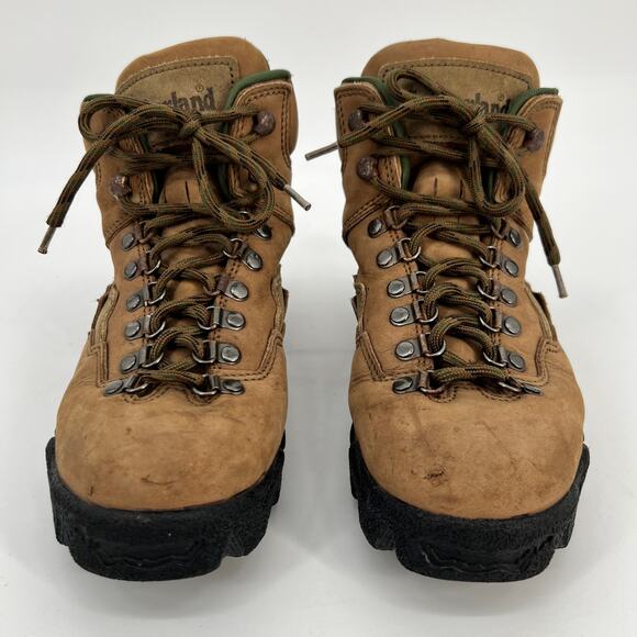 Vintage 90s Timberland Hiking Boots Womens 8 M Tan Brown Nubuck Leather Chunky - Picture 2 of 11